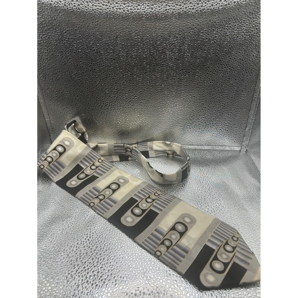 Bello Uomo Mens Silk Tie Black Grey Cream Geometric Art Deco Handmade Necktie